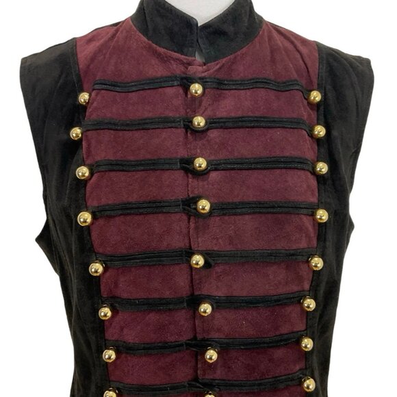 Vintage Caché Burgundy Black Suede Military Vest Band Brass Button Sz 10 Leather - Picture 2 of 9